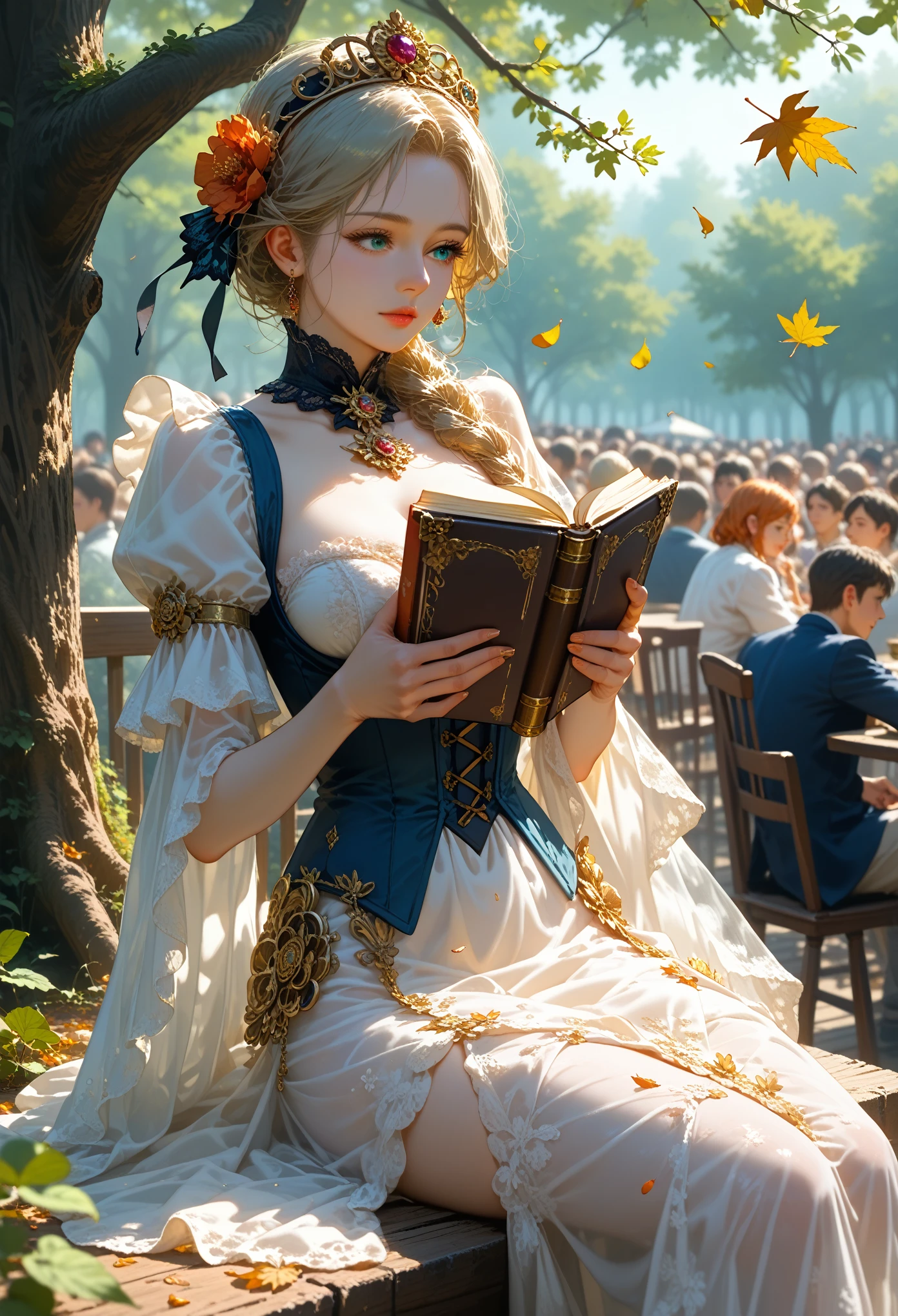 Anime girl, Shine, Beautiful Sexy with Gorgeous Figure in Tight transparent Dress with Fine Fabric Patterns Black and Gold Shimmer on Clothes, Sits on a chair reading a book, holding a book in his hand,elements of steampunk ,A crowd gathered around the girl, Trees are falling Leaves, dynamic shadows, Autumn is very beautiful, The wind blows a little and swirls the leaves, Birds are sitting on the trees, masterpiece, bright colors, Clear drawing of details, score_9,score_8_up,score_7_up,dramatic lighting,highly detailed,high budget,bokeh,cinemascope,moody,epic,gorgeous,film grain,grainy,masterpiece,best quality,perfect anatomy,very aesthetic,official art,8k,BREAK