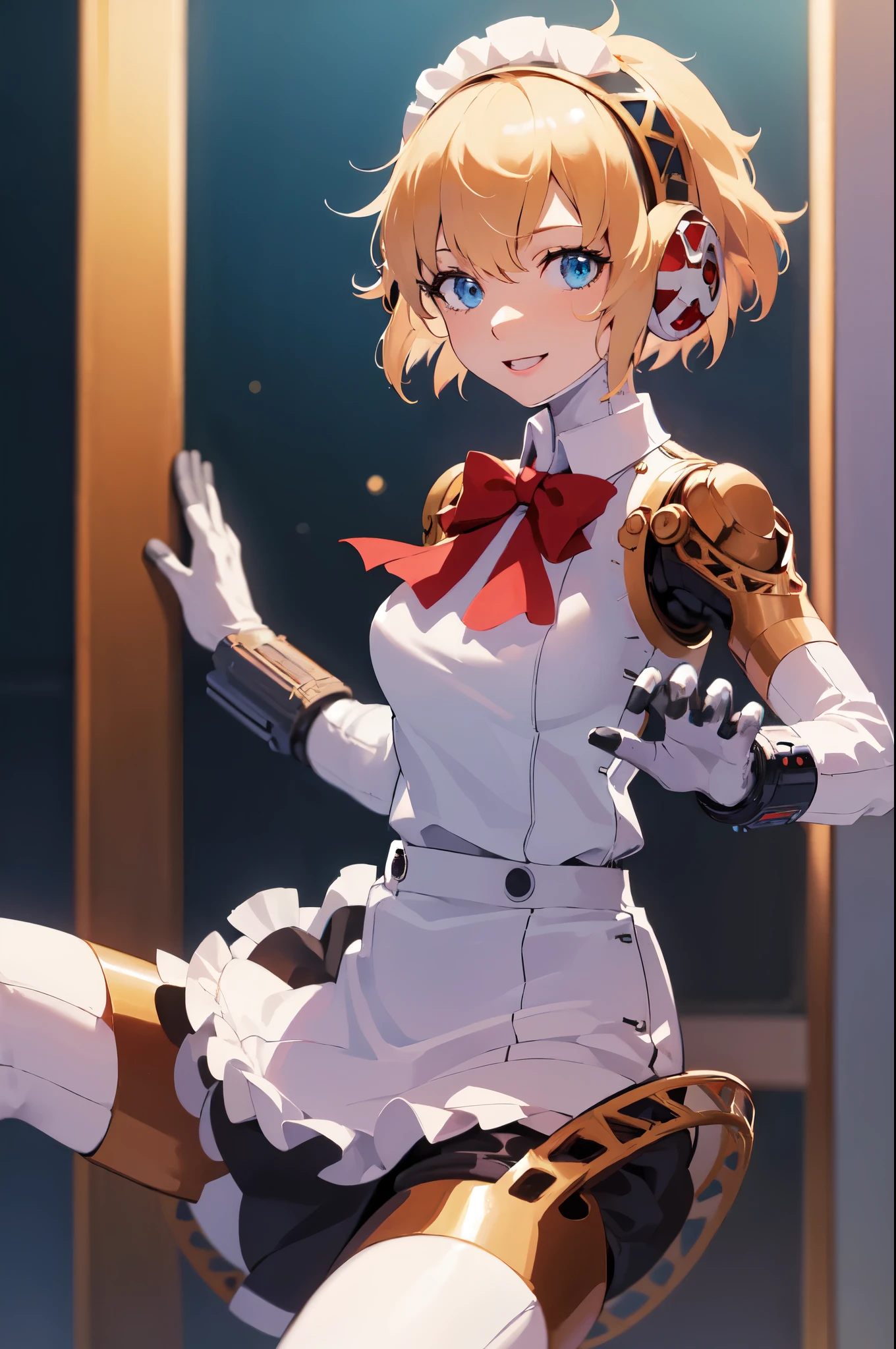 (masterpiece, best quality:1.2), cowboy shot, solo, 1girl, aegis, android, robot joints, smile, looking at viewer, maid uniform, headphones, skirt, hands after body, hands not vieible in frame
