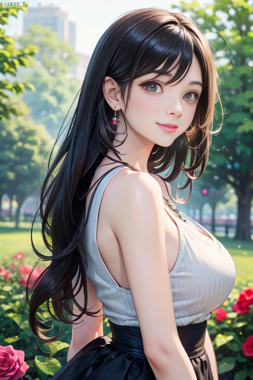 (Best Quality、 8k 、masterpiece、High resolution)、Young woman、Beautiful big breasts、Slender beauty、Brown and black hair、Hair blowing in the wind、Hair swaying back、whole body、 (Beautiful Face,Beautiful Eyes,Beautiful Nose,Pretty lips)、Beautiful eyeliner、(Basic Fashion、nature, Relaxed Style)、Earrings、necklace、Her mouth is slightly open、A smile comes to mind.、Looking at the camera、Professional Writing、Professional Photographer、Outdoor、garden、Multicolor rose flowers、Flowers, Detailed CG、