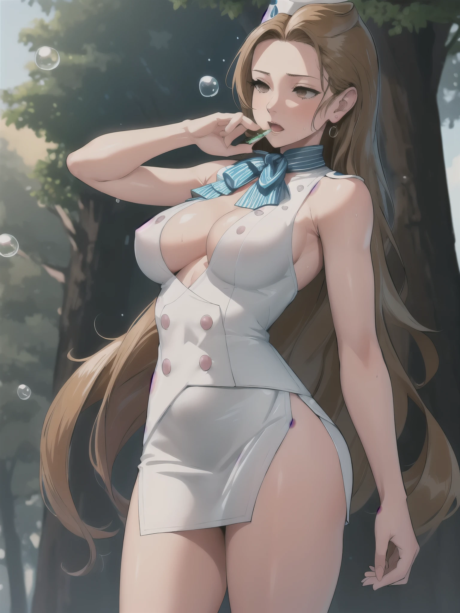 Sleeveless,Armpit Show,Big Breasts,Wet,See-through clothing,Cammy Miles, Wearing a white uniform, Short skirt, Side slit skirt, Brown eyes, Have, Standing in the woods, Bubbles in the air, tree々, light,