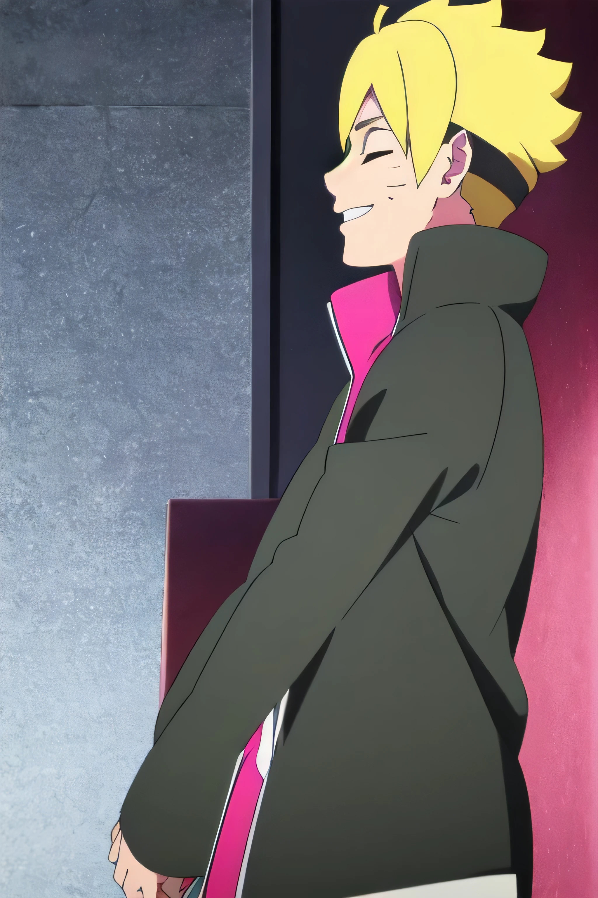 Boruto Uzumaki, solo, upper body, side view, viewed from side, smile, sensual expression,eyes closed,leaning forwards,leaned forwards,sweaty