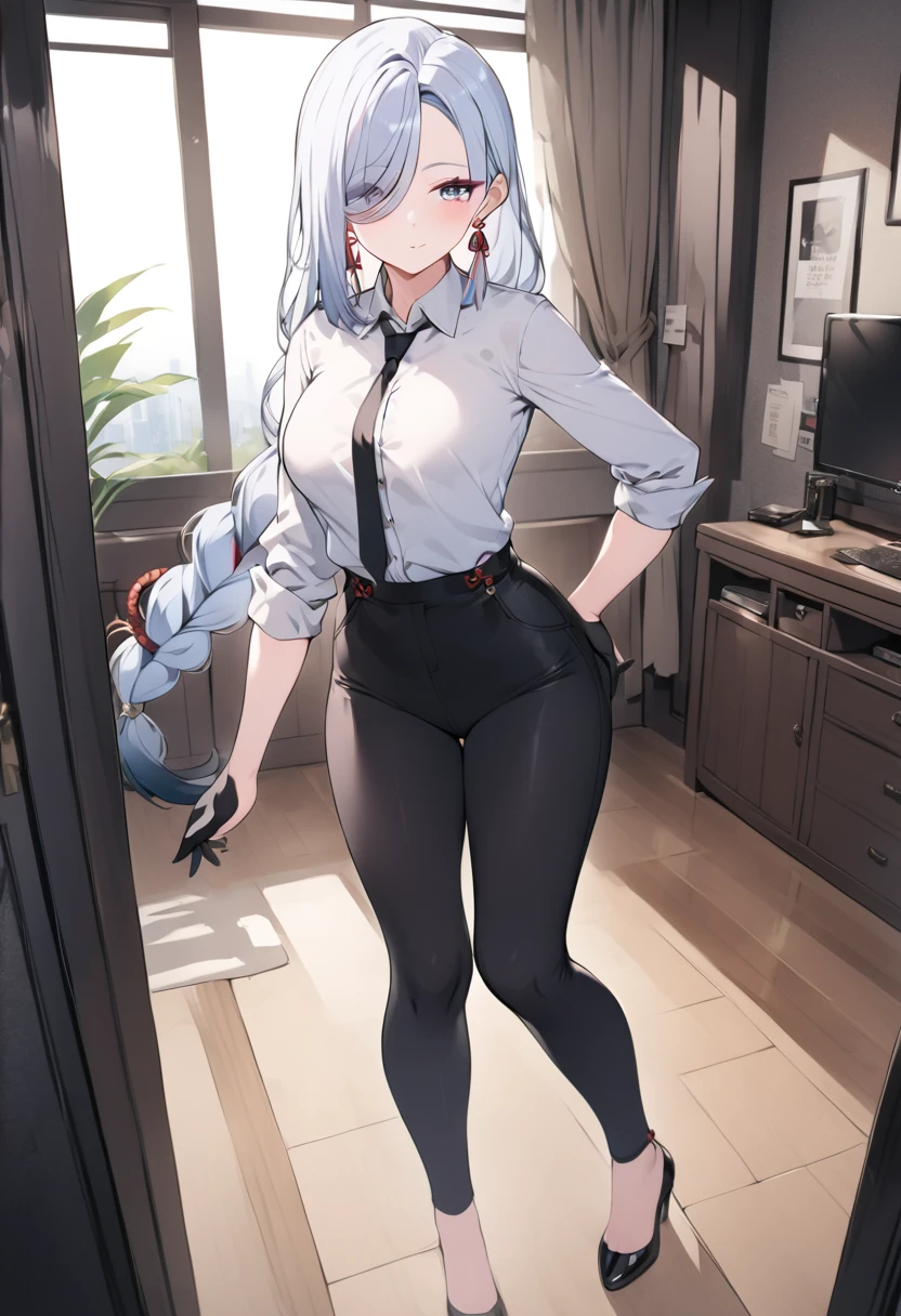 (best quality, masterpiece), 1women ,4k, 8k, uhd, hdr, detailed background,, wearing a white button-up shirt with a black tie, black suspenders over the shirt, black gloves, black pants, , full body,  shenhe, blue eyes, braided ponytail, earrings, eyelashes, eyeliner, eyes visible through hair, eyeshadow, hair between eyes, makeup, red eyeshadow, sidelocks, single earring, symbol-shaped pupils, tassel, tassel earrings, white hair, long hair, full body