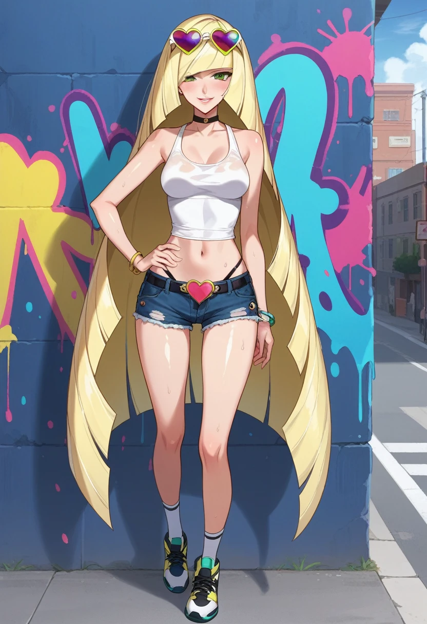 score_9,score_8_up,score_7_up, score_6_up, source_anime, BREAK lusamine_\(pokemon\), very long hair ,blonde hair ,green eyes, (graffit),(paint splatter), fashionable female, (whole body), round face) legs, skinny body, detailed beautiful face, lustrous skin, shiny skin, articulated fingers, (sweat), navel, midriff, fullness lips, white tank top, thong, frayed denim shorts, white socks, sport shoes, off shoulders, belly chain, belt, hair ornament, heart-shaped earrings, silver bracelet, black choker outdoor, (summer), street, graffiti wall, seductive smile, blush, standing, hand on hip (sunglasses), (heart-shaped eyewear on head),, BREAK  anime, best quality, official art, anime keyvisual, anime screencap