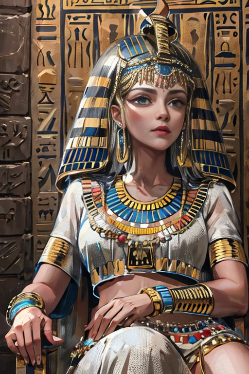 (High resolution, Best Quality, masterpiece, 8k), Ancient Egypt, Cleopatra style girl, Silver blonde middle, Pharaoh&#39;s clothing, Slight emphasis on the chest and cleavage, Face Real, sexy, face,  笑face,  Large Breasts, Ancient Egypt風の宮殿内, Luxurious throne, Lavish decoration, 