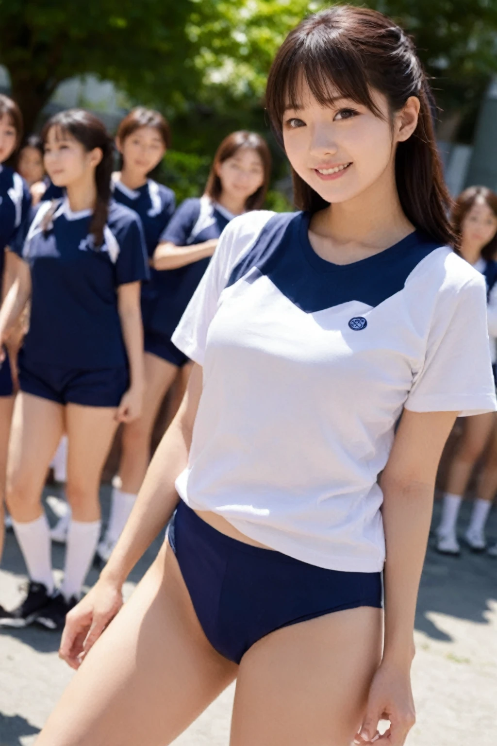 girl walking in school yard,short-sleeved white plain t-shirt with navy blue trim,navy blue speedo-style briefs,school bag,18-year-old,bangs,a little smile,thighs,knees,short cut hair,low ponytail,from below,front-lighting