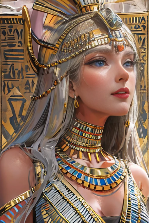 (High resolution, Best Quality, masterpiece, 8k), Ancient Egypt, Cleopatra style girl, Silver blonde middle, Pharaoh&#39;s clothing, Slight emphasis on the chest and cleavage, Face Real, sexy, face,  笑face,  Large Breasts, Ancient Egypt風の宮殿内, Luxurious throne, Lavish decoration, 