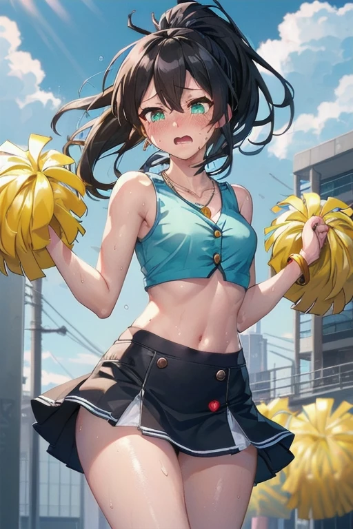 Wind horse_local,Medium chest,Black Hair,Long Hair,ponytail,Green Eyes,(Cheerleader, Crop top, Ultra mini skirt, Bare shoulders) ,(Sweaty, glistening skin:1.1), Outdoor,SunLight, spotLight effect,Bright sky, Blue sky and white clouds,Strong winds,(High resolution, high quality:1.1), Intricate details, Light, 1 girl,(blush,cry),(necklace, bracelet),(Remote Gaming:1.2), (Secluded_Vibrate:1.2), ((Press and hold the button at the bottom left of the screen:1.3))、