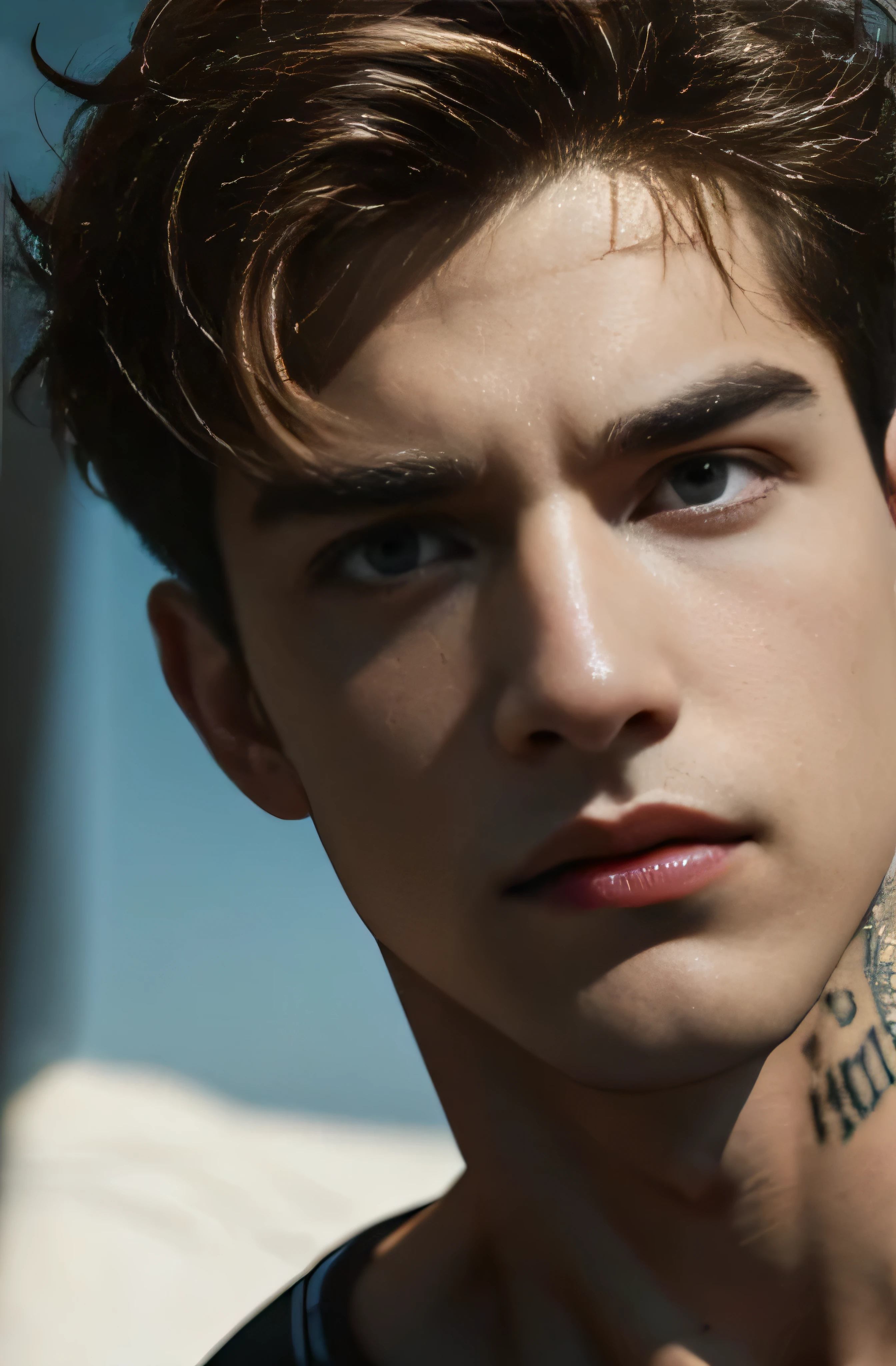 Portrait of a handsome male model in downtown Toronto during the day, 18 ans, jacket, sans barbe, with short wavy hair, yeux bleus, thick lips