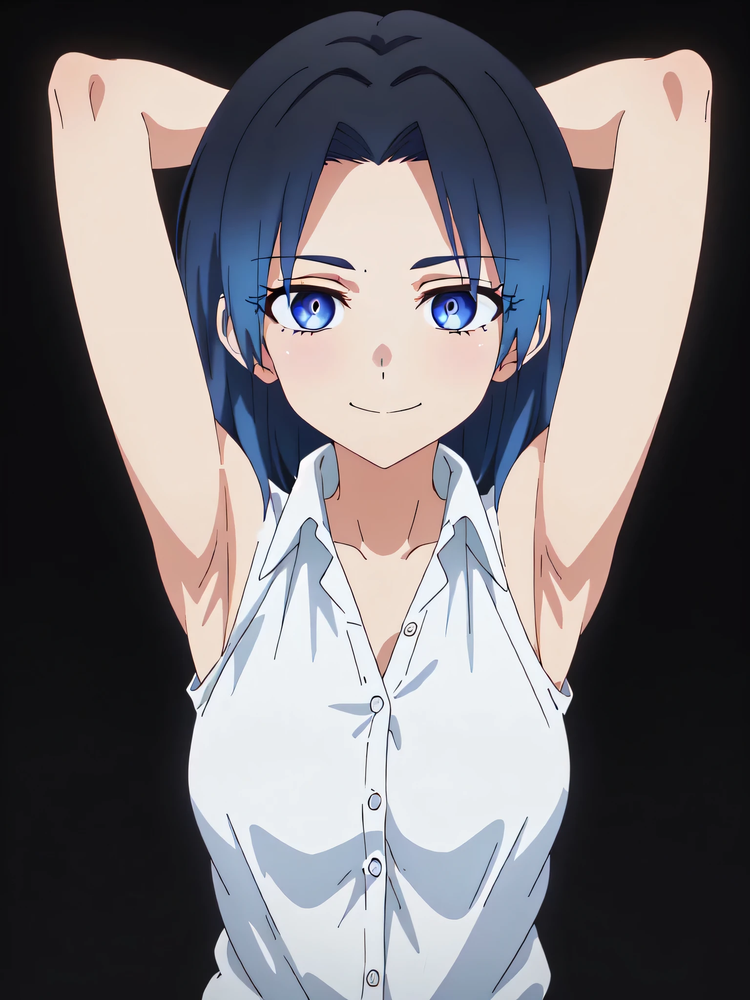 Anime girl with blue hair and white shirt posing for the camera - SeaArt AI