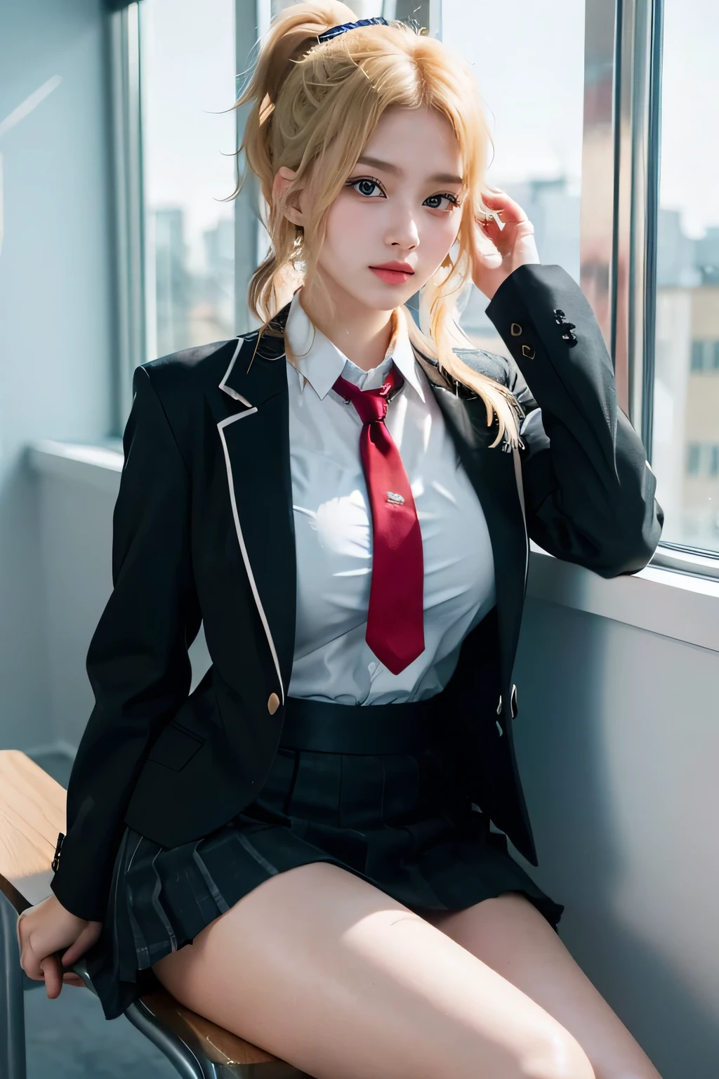1girl, ((Blue Eyes)), Seductive Face, ((Sana Minatozaki)), wide hips, Big Boobs, Beautiful Boobs, big ass, (Best Quality, 8k, Masterpiece: 1.3)) ), Clear Focus: 1.2, Perfect Body Beauty: 1.4, Slender Abs: 1.2, Wet Body: 1.5, Highly detailed face and skin texture, detailed eyes, double eyelids, hair ornament ((blonde ponytail)), long legs, Blazer uniform, school uniform_black, mini skirt, tie_black, backpack_school