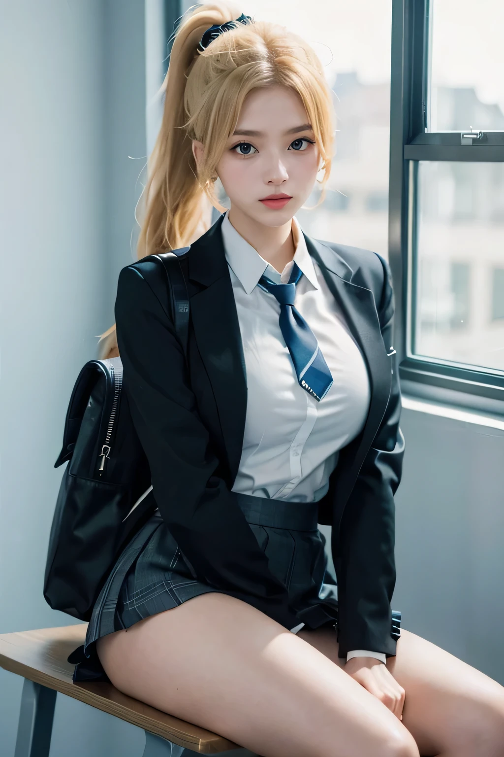 1girl, (Blue eyes), (smirk), (Sana Minatozaki), wide hips, Big Boobs, big ass, (Best Quality, 8k, Masterpiece: 1.3), perfect hands, Clear Focus: 1.2, Perfect Body Beauty: 1.4 , Slender Abs: 1.2, Highly detailed face and skin texture, detailed eyes, double eyelids, (blonde long hair), black Blazer uniform, school shirt, plaid skirt, tie black, black thigh-high stockings, leaning on a bench, in a classroom, blackboard in the background, deep on field