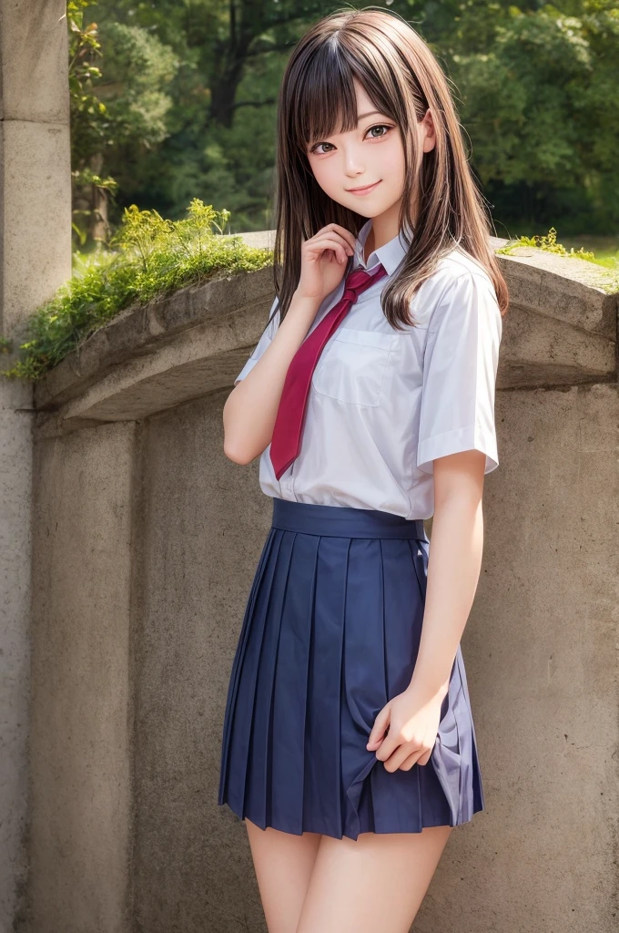 ((((detailed explanation)))),(((masterpiece、Highest quality、Very detailed:1.42、Focus on the eyes)))、Japanese high school girl posing in the schoolyard in the evening、白いシャツと紺色のPleated skirtを着用、Red ribbon tie、The shirt is clean、The shirt is well ironed、Shirt sleeves rolled up slightly to the elbows、A simple silver bracelet on her wrist、The skirt of the uniform is above the knee、Pleated skirt、The model has naturally straight, black hair that reaches her shoulders.、Bangs should be slightly over the eyebrowy hair is bathed in the sunlight、The hair is soft and shiny、His face is well-formed.、大きな瞳はPure and bright expression、The skin is translucently white、The slightly reddish cheeks give a healthy impression.、natural pink lips、When she smiles, she has small dimples、In the background is a large schoolyard.、Slightly rusty iron bars and playground equipment、The sky is sunset、Orange, pink and purple gradation、The lighting is soft and natural、Warm colors illuminate her face and uniform.、Natural smile、Her left hand is lightly lifting the edge of her skirt、The right hand is placed on the hip、A relaxed yet confident pose、Eyes are directed towards the camera、Pure and bright expression、The freshness of youth and the calm atmosphere of the evening、(((Elegant yet approachable photography)))