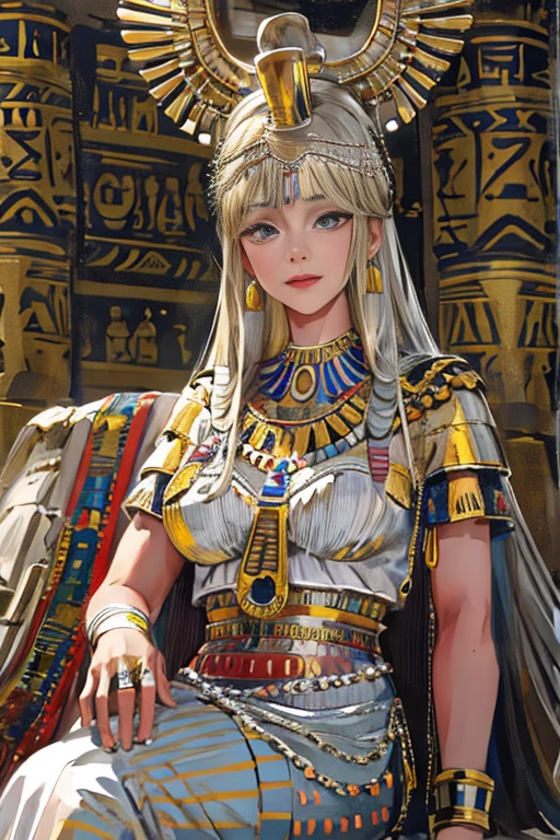 (High resolution, Best Quality, masterpiece, 8k), Ancient Egypt, Cleopatra style girl, Silver blonde middle, Pharaoh&#39;s clothing, Slight emphasis on the chest and cleavage, Face Real, sexy, face,  笑face,  Large Breasts, Ancient Egypt風の宮殿内, Luxurious throne, Lavish decoration, 