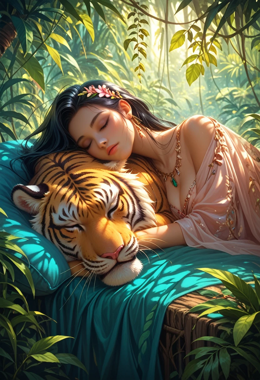 young woman, a tiger is sleeping nearby, beautiful, Long Black Hair, Ideal Body Shapes, Nearby lies a beautiful fluffy tiger, Background Jungle Beautiful Thickets, bright colors, Game of Shadows, maximum quality, masterpiece, Soft light, 8 k, 