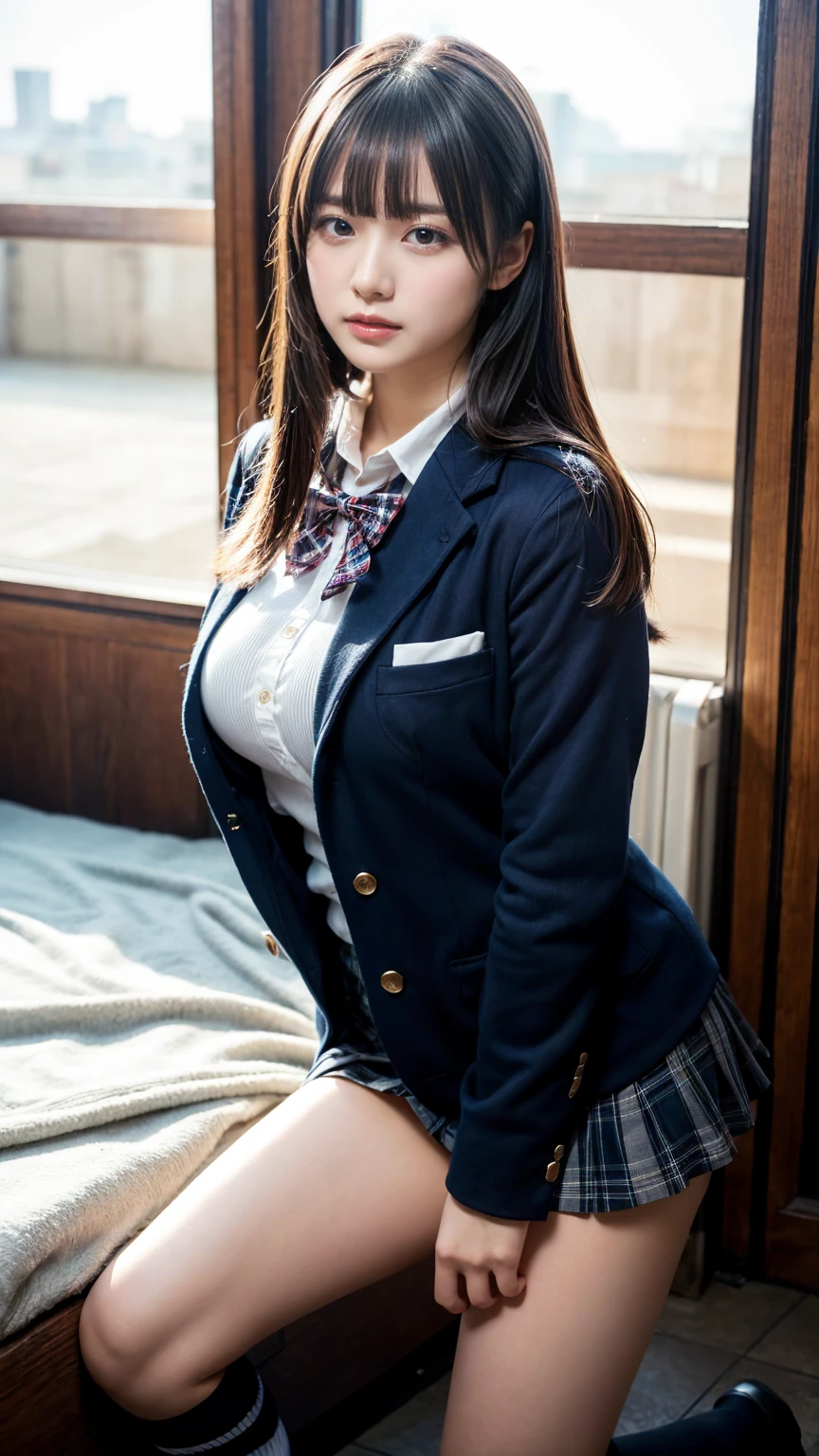 Graduation Ceremony、high school girl、uniform 、Navy jacket、Checkered pleated skirt、White shirt、Bedroom、Lying in bed、Perfect proportions、cute、((18-year-old female:1.2))、Young and adorable Japanese face，Big Breasts, valley, Official Art，Highly detailed CG Unity 8K wallpaper，（masterpiece:1.0),(Highest quality:1.0), High resolution,4K,Very detailed, photo shoot, 8K, nsfw, High resolution, Kodak Portrait 400, Film Grain, Lens flare brilliance, Professional Lighting,Cinematic Light, View your viewers