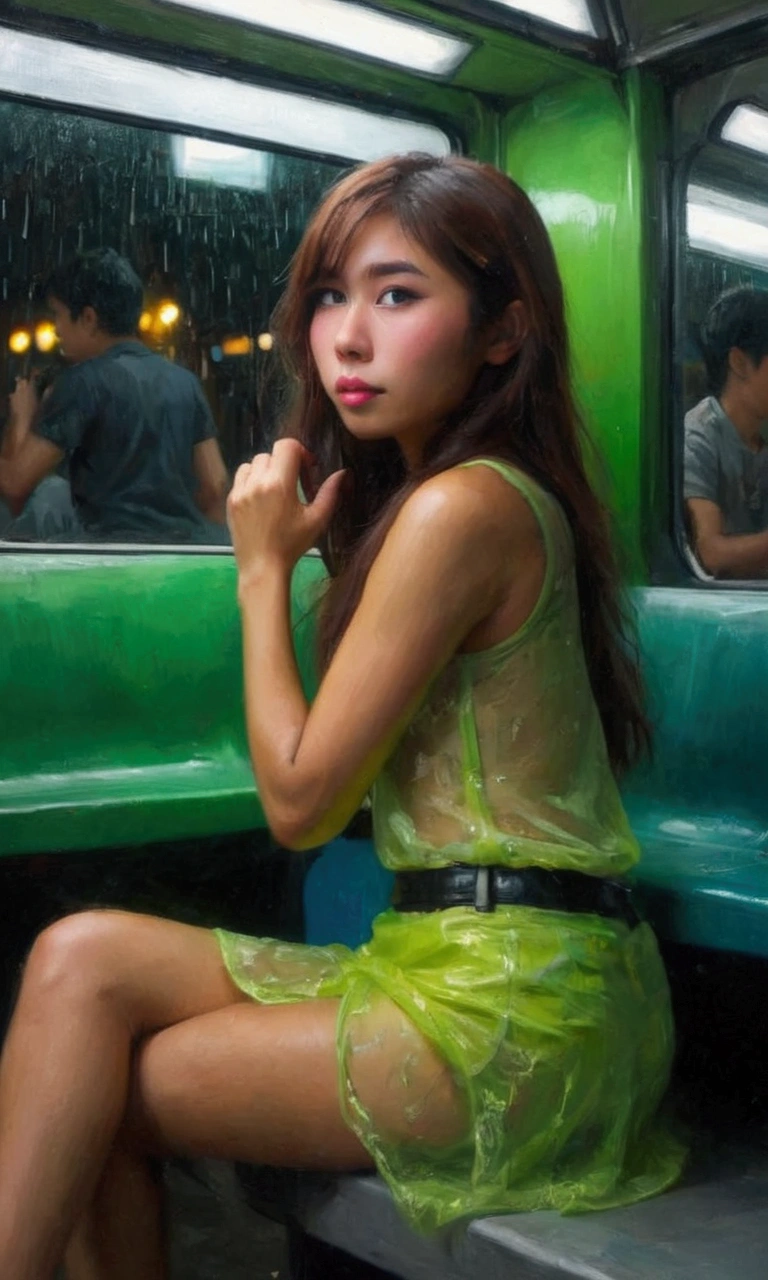 cute yuna (age 25, long hair green, tank top lime green, shiny mini skirt lime, neon green makeup, nervous) not very happy to be photographed, she is sitting alone in a lit covered bus stop on a dreary rainy night, Bangkok, reflections
