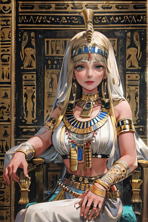 (High resolution, Best Quality, masterpiece, 8k), Ancient Egypt, Cleopatra style girl, Silver blonde middle, Pharaoh&#39;s clothing, Slight emphasis on the chest and cleavage, Face Real, sexy, face,  笑face,  Large Breasts, Ancient Egypt風の宮殿内, Luxurious throne, Lavish decoration, 