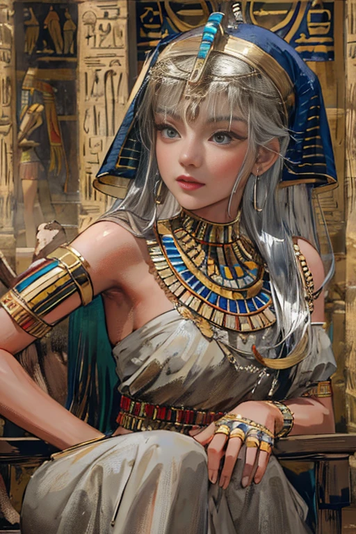 (High resolution, Best Quality, masterpiece, 8k), Ancient Egypt, Cleopatra style girl, Silver blonde middle, Pharaoh&#39;s clothing, Slight emphasis on the chest and cleavage, Face Real, sexy, face,  笑face,  Large Breasts, Ancient Egypt風の宮殿内, Luxurious throne, Lavish decoration, 