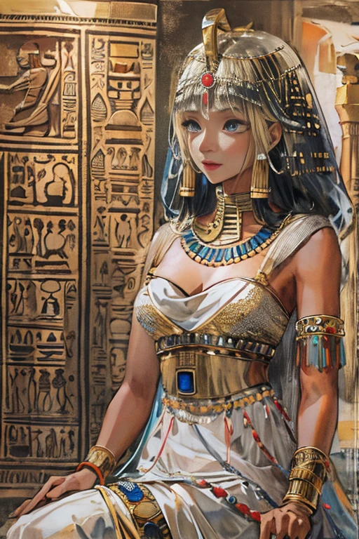 (High resolution, Best Quality, masterpiece, 8k), Ancient Egypt, Cleopatra style girl, Silver blonde middle, Pharaoh&#39;s clothing, Slight emphasis on the chest and cleavage, Face Real, sexy,  smile,  Large Breasts, Ancient Egypt風の宮殿内, Luxurious throne, Lavish decoration, 