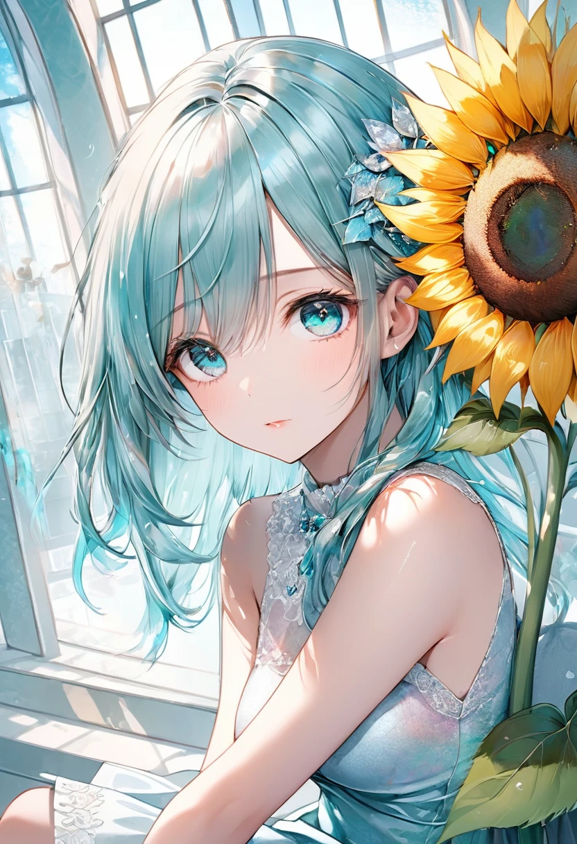 (a masterpiece、), (Bestquality), (Ultra detailed),(Disheveled hair),(illustration、、), (1 girl), (Fashionable clothing), standing, Fashion model, View Viewer, (interview), (simple background),Beautiful Detailed Eyes, delicate beautiful face, Floating,(High Saturation),(colorful splashes),colorful bubble,(Shiny,), focus on face, ponytail, kamisato ayaka, light blue hair, bangs, hair ring, floating flowers, floating hairs, (Shiny,), Best Illumination, best shadows,tears