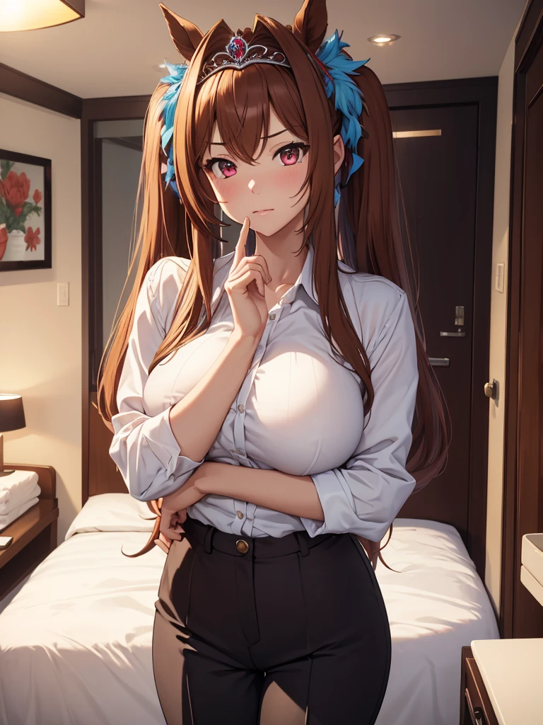 (​masterpiece、top-quality、hight resolution、Unity 8k、extremely details CG:1,Best Picture), ((Large breasts)), Daiwa Scarlet (Uma Musume), ((tiara)), brown hair, hair intake, red eyes, long hair, twintails, animal ears, horse girl, A female employee, wearing a suit, trousers and shirt, is at the hotel to help a client man lose his virginity. Her expression is warm and understanding, and she speaks softly and invites him to ‘Come on, please lose your virginity with me...’, bed room, 