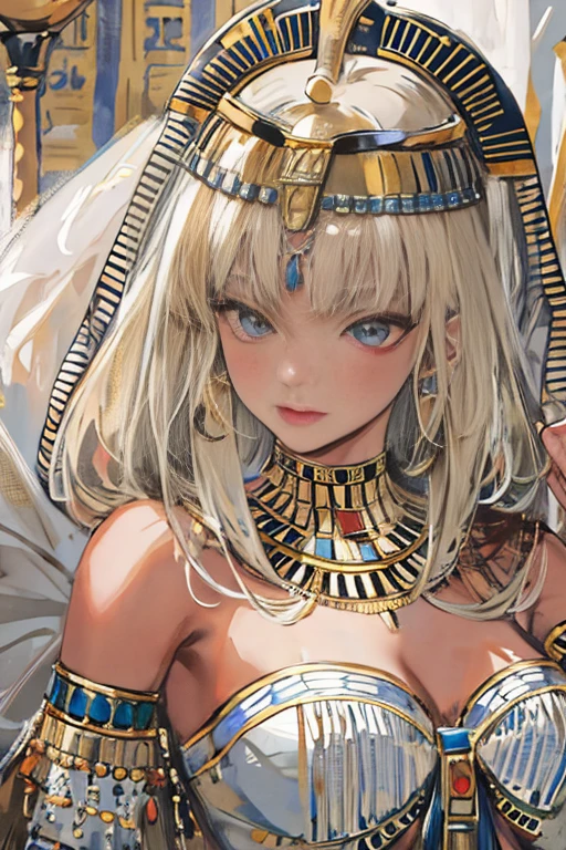 (High resolution, Best Quality, masterpiece, 8k), Ancient Egypt, Cleopatra style girl, Silver blonde middle, Pharaoh&#39;s clothing, Slight emphasis on the chest and cleavage, Face Real, sexy,  smile,  Large Breasts, Ancient Egypt風の宮殿内, Luxurious throne, Lavish decoration, 