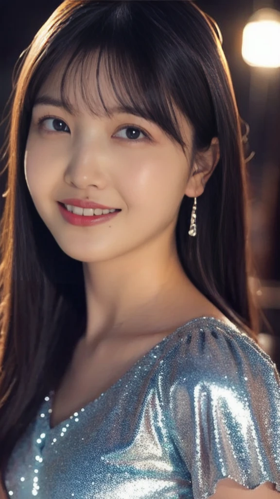 Best-Quality, Masterpiece, Ultra-High-Resolution, (Photorealistic:1.4), Raw-Photo, Extremely-Details, Perfect-Anatomy, 1girl, 18-years-old, the most famous Japanese actress, in gorgeous hotel suite, wearing only glitzy evening dress, portrait, ((very completely drunk, looking at viewer, grinning)), extremely cute face like the most popular Japanese actress, extremely beautiful big black solid circle eyes, extremely beautiful black short-cut-haired, extremely beautiful realistic skins, extremely beautiful shoulder, detailed face, detailed eyes, detailed hair, detailed realistic skins, detailed shoulder, detailed glitzy evening dress