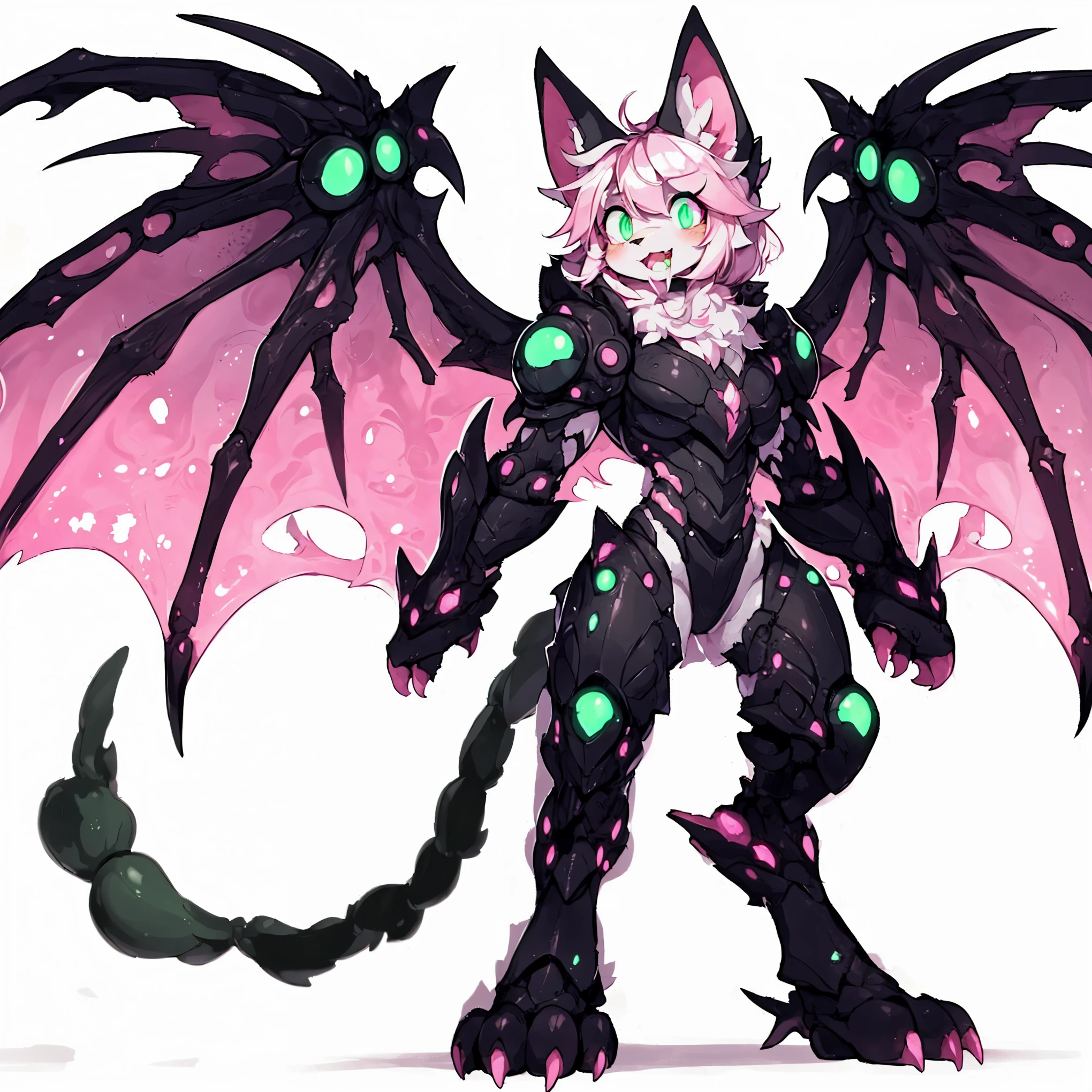 Female Dragon. scorpion element. furryfemale. pink furry. Spheres that glow green in various parts of the body. Black armor. poison aura. Compound eyes. anime style.