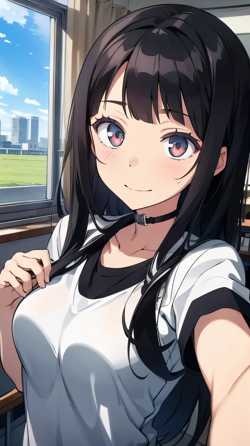 Long black hair, wide eyes, playful behavior, sportswear, classroom