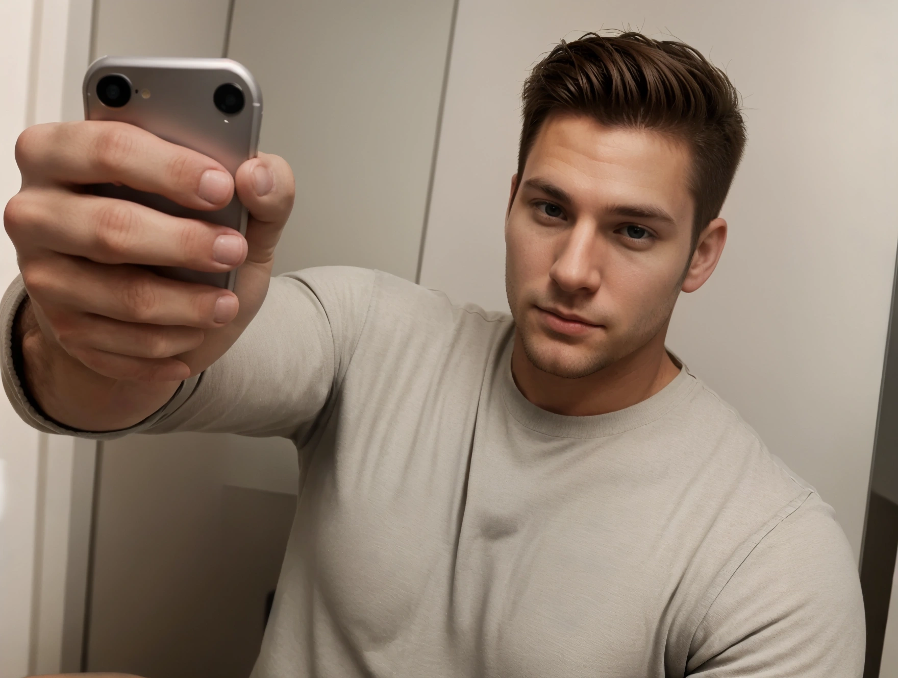 There are two men; someone leaning against the wall taking a photo with their cell phone; another one facing him smelling his neck. They are both naked with flaccid penises.