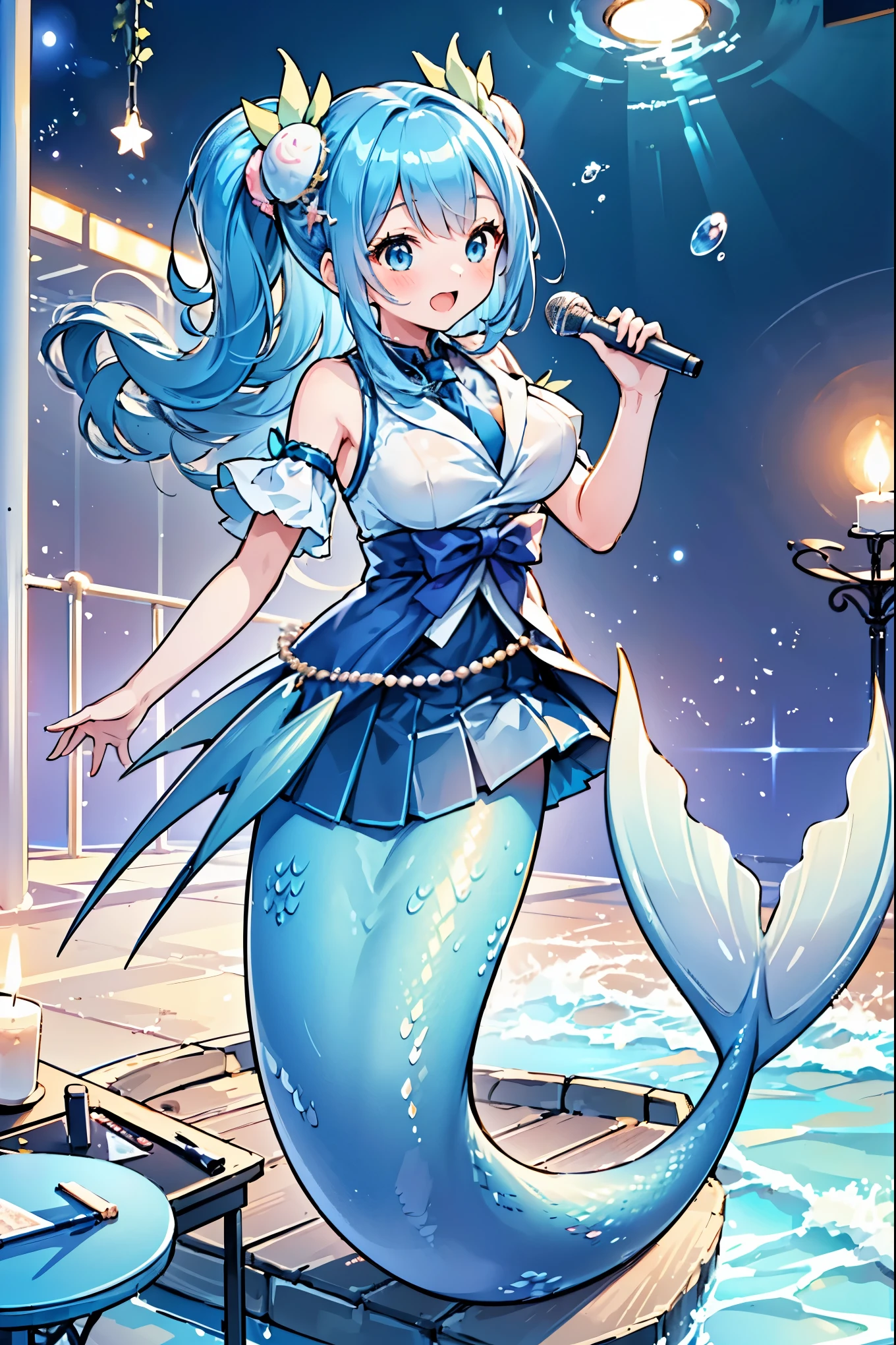 (masterpiece,Best quality),(Full fingers),A woman,Mermaid,Idol Clothes,Blue Skirt,Large Breasts,藍色的Mermaid尾巴,Full body photo,(Underwater:1.2),charming脸(Kawaii, charming,Soft),Handheld Microphone,Open your mouth