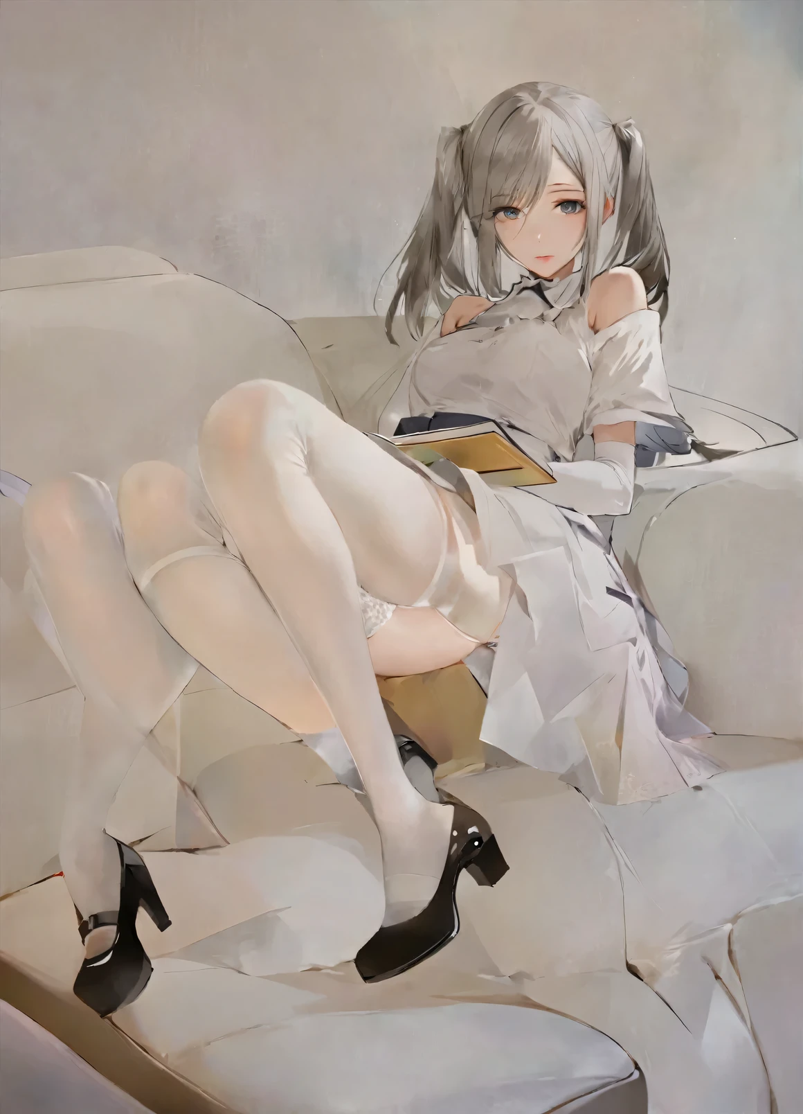 anime girl sitting on a couch reading a book, seductive anime girl, guweiz, black and white manga style, the anime girl is crouching, anime barbie in white stockings, [ 4 k digital art ]!!, artwork in the style of guweiz, from arknights, twintails white_gloves, anime girls, at pixiv, from girls frontline