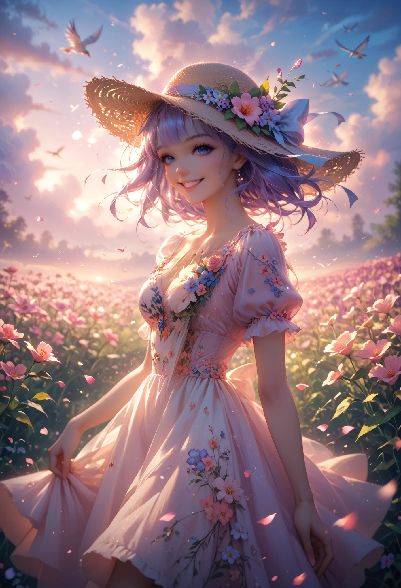 Flower meadow, Bunny and Looks at the Girl, who holds a beautiful flower in her hand, Background sunny day, Cloud, bright colors, Game of Shadows, SOFT COLORS, smile, Joy, Warm Atmosphere, Beautiful Views, Petals Fly in the Wind, Birds Fly, Girl Beautiful Light Summer Dress, Hat with a Bow, masterpiece, of the highest quality, Fully detailed detailing,