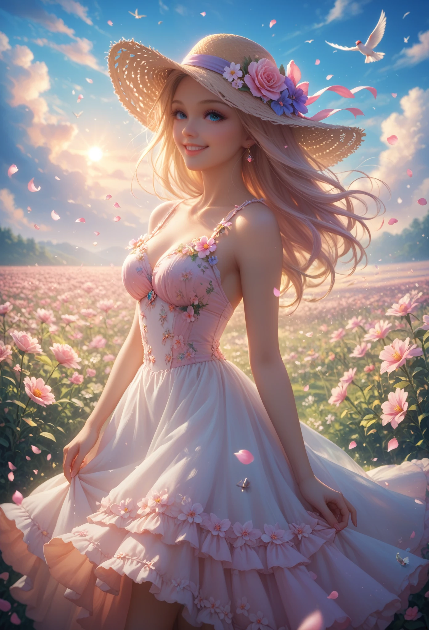 Flower meadow, Bunny and Looks at the Girl, who holds a beautiful flower in her hand, Background sunny day, Cloud, bright colors, Game of Shadows, SOFT COLORS, smile, Joy, Warm Atmosphere, Beautiful Views, Petals Fly in the Wind, Birds Fly, Girl Beautiful Light Summer Dress, Hat with a Bow, masterpiece, of the highest quality, Fully detailed detailing,