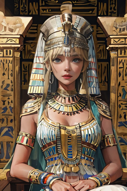 (High resolution, Best Quality, masterpiece, 8k), Ancient Egypt, Cleopatra style girl, Silver blonde middle, Pharaoh&#39;s clothing, Slight emphasis on the chest and cleavage, Face Real, sexy,  smile,  Large Breasts, Ancient Egypt風の宮殿内, Luxurious throne, Lavish decoration, 