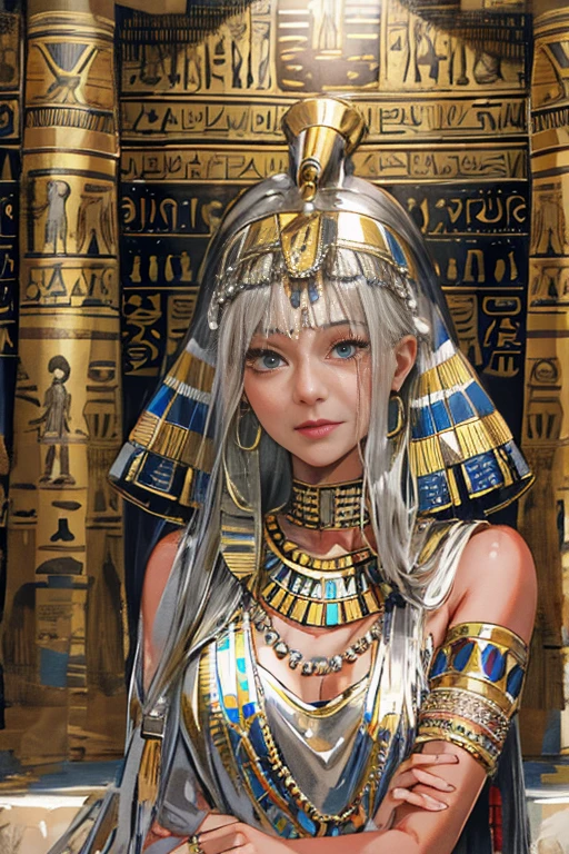 (High resolution, Best Quality, masterpiece, 8k), Ancient Egypt, Cleopatra style girl, Silver blonde middle, Pharaoh&#39;s clothing, Slight emphasis on the chest and cleavage, Face Real, sexy,  smile,  Large Breasts, Ancient Egypt風の宮殿内, Luxurious throne, Lavish decoration, 