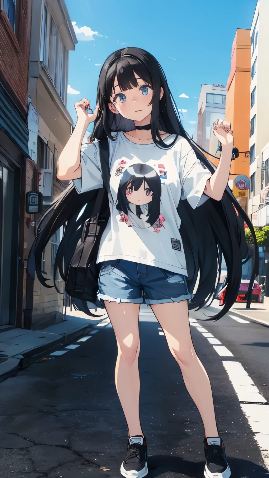 Long black hair, wide eyes, playful behavior, printed T-shirt, street, blue sky