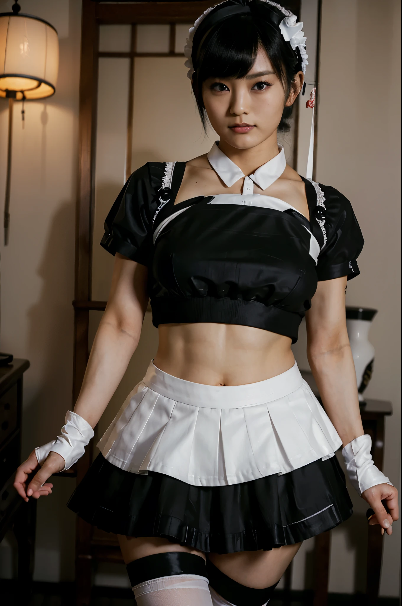 masterpiece, best quality, ultra detailed, ultra high resolution, very detailed face, nsfw, (((solo))), (((japanese woman))), ((black maid uniform, croptop, short skirt, maid hairband, white glove)), ((black hair)), (small breast), ((dynamic posing)), (six pack abs:1.16), ((thighs)), in the room