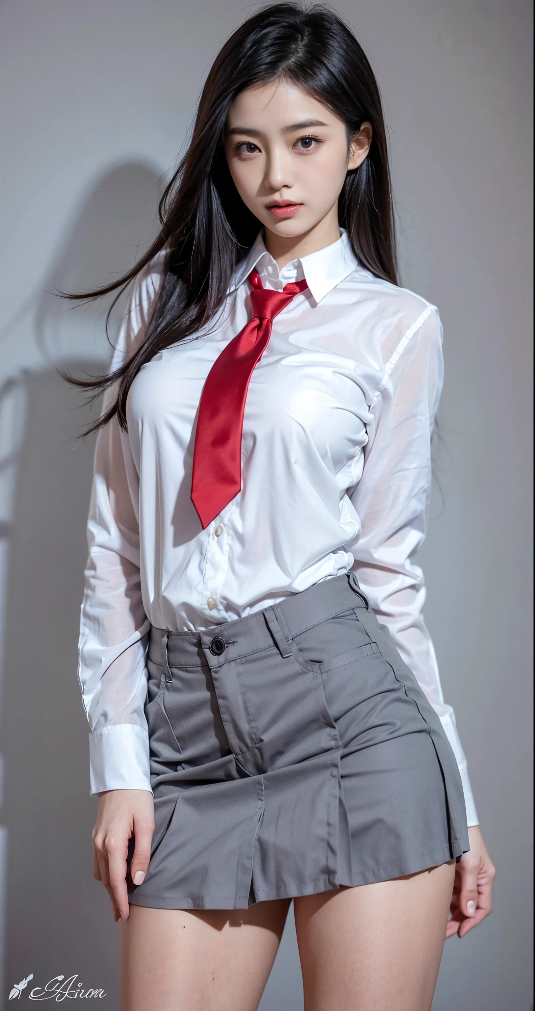 (((medium full shot))), (Masterpiece, Photorealistic, photorealism, Best quality, ultra detailed:1.3), (good hands, perfect hands), Official art, cinematic light, (1 girl:1.3), adult, One, long hair, Breast, I look at the viewer, bang, Green eyes, large Breast, shirt, Black hair, long sleeves, animal ears, hair between eyes, closed mouth, standing, white shirt, tights, tie, shorts, collared shirt, in room, animal ear fluff, thigh strap, black shorts, hip gap, red tie, brown tights, legwear under shorts, arm under Breast, high-waist shorts, very detailed, Beautiful, Breathtaking, difficult, elegant, luxurious, sharp focus, color, dramatic ambient background, rich deep colors, dynamic, deafening, Attractive, exalted, chill, creative, amazing, Cute, gentle, passionate, cute, very inspiring, professional, inspired, colorful, epic