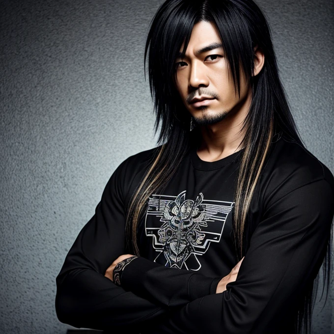 1 man, male, Japanese man, Visual Kai hairstyle, ultra detailed face and body, hyperrealistic, realistic representation, muscular, broad shoulders, tattoos gothic style, Visual Kei style, hairstyle Visual Kei, black and blond, long hair, 40 years old, age 40, outfit gothic , men's shirt and black pants, Asian eyes, eyes, Visual Kei hairstyle 