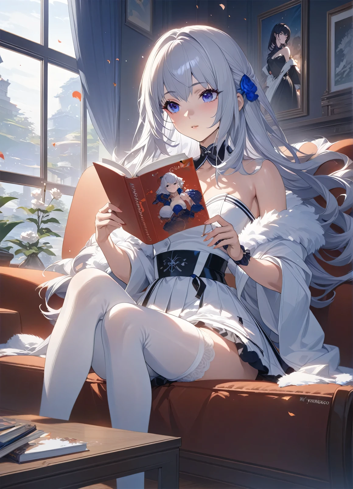 anime girl sitting on a couch reading a book, guweiz, seductive anime girl, guweiz on pixiv artstation, guweiz masterpiece, white stockings, by Yamagata Hiro, anime barbie in white stockings, guweiz on artstation pixiv, artwork in the style of guweiz, anime painting, anime girl, beautiful anime artwork