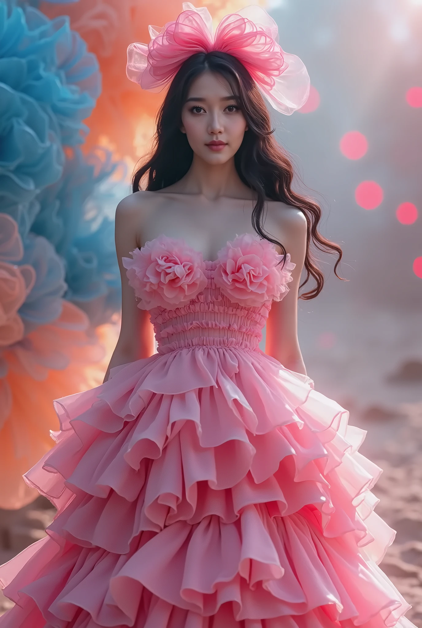 Araffe woman in a pink dress standing in front of a colorful background ...