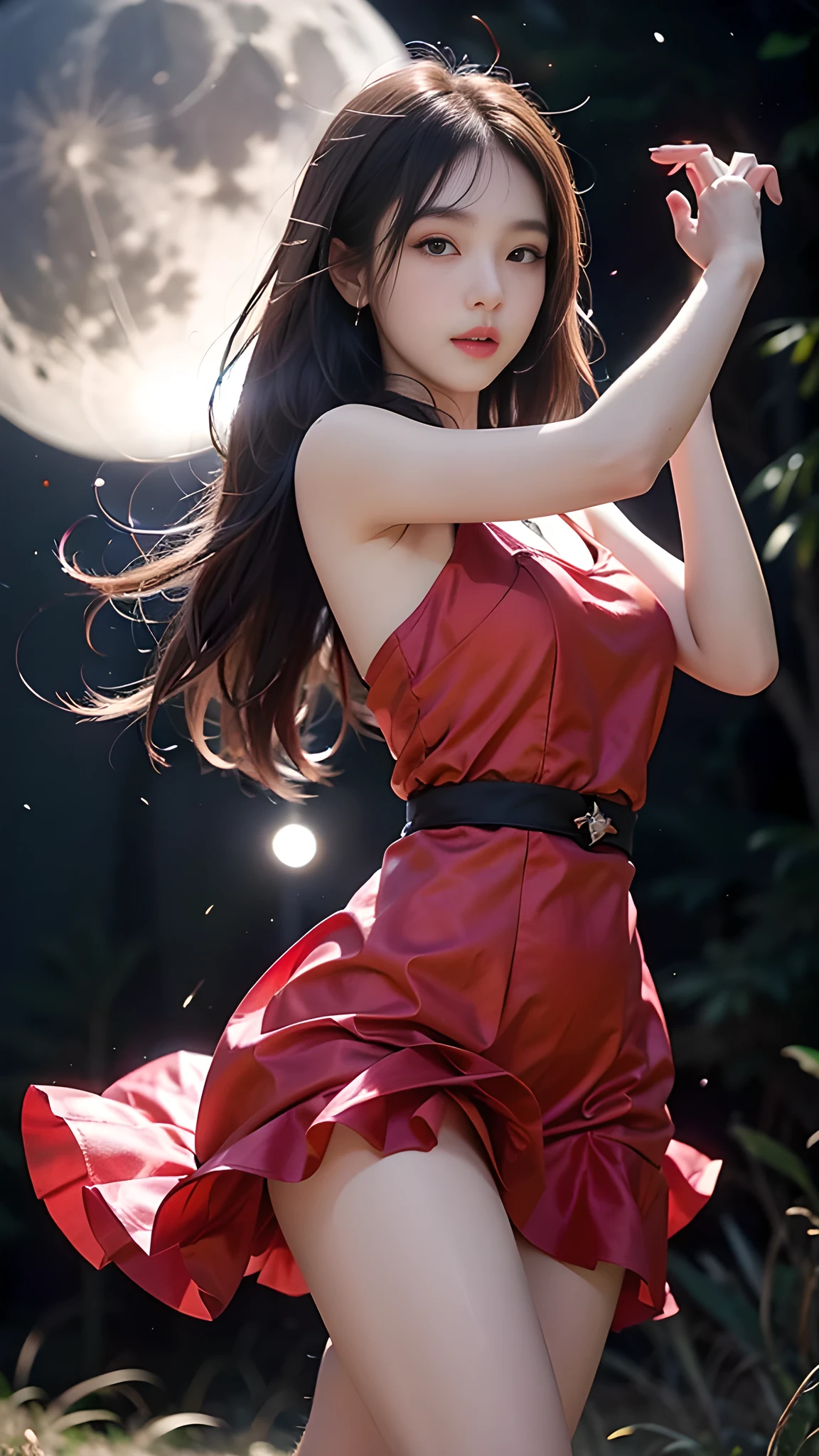 ulzzang-6500-v1.1, (RAW photo: 1.2), (Real photo), (Real photo: 1.4), 1 girl、Perfect anatomy、1、Looking at the camera、Medium length hair、dance dress, on the pine hill at night, with stars and moon, ((on the pine hill at night: 1.1))、(Business service)、Asian eyes Ella,