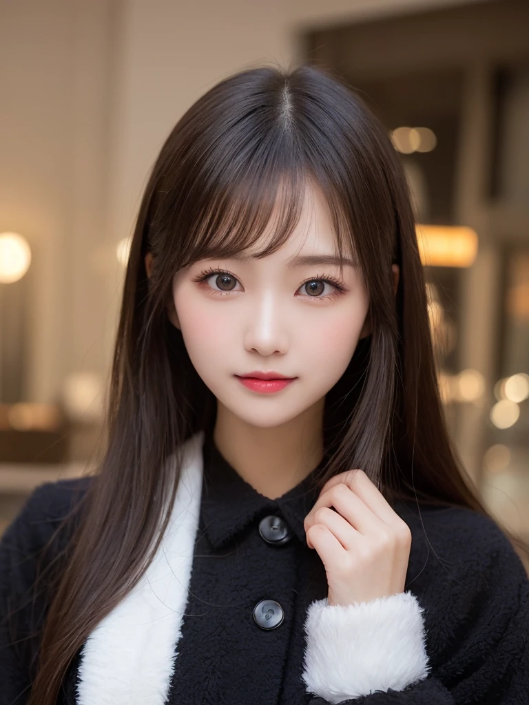 table top, highest quality, shape, Super detailed, finely, High resolution, 8k wallpaper, 完璧なダイナミックな構shape, beautiful and detailed eyes, Gorgeous black fluffy Tokyo winter clothes,ランダムなcute髪,,natural color lip, bold ???? pose,smile、20 year old girl、cute、???? shot looking at camera,Always blur the background,perfect and beautiful face,Take only the face,beautiful and detailed face、slim face and style,Big eyes、do gal makeup,small face,Wearing a luxury brand mink coat