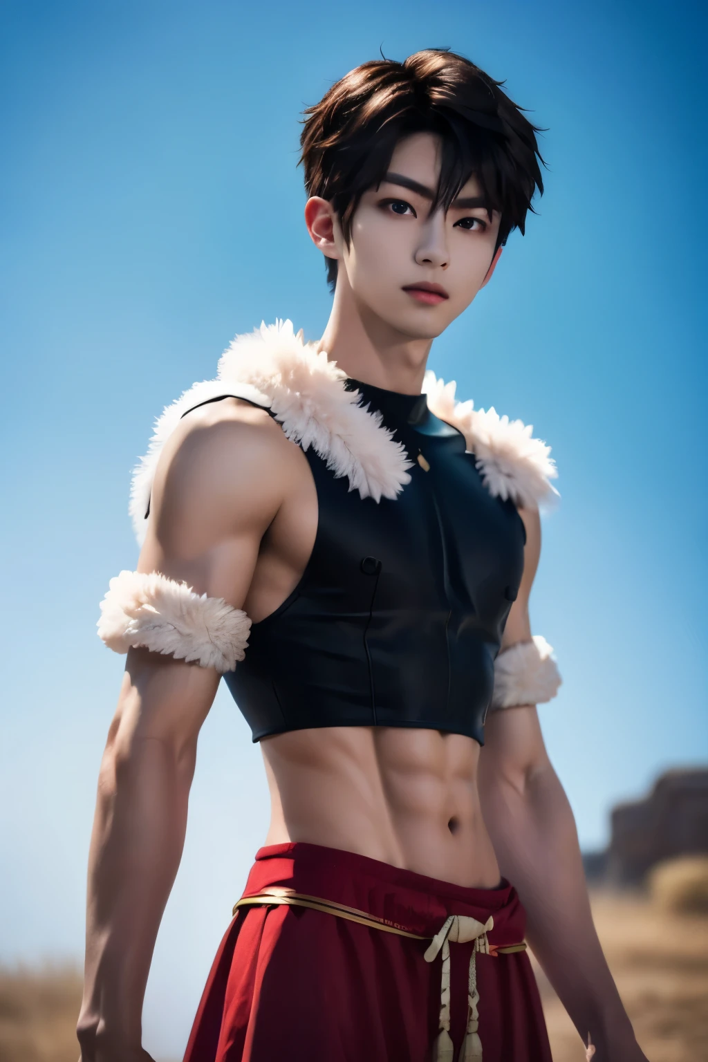 alexanderfgo, 1boy, masterpiece, realistic, absurdres, RAW photo, best quality, high resolution, ulzzang boy, chinese boy, male model, very very handsome, perfect face, cute face, intricate detail, clear and beautiful detailed eyes, fur-trimmed cape, crop top, young, muscular, slim muscular, handsome muscle, abs, detailed skin, fighting, Correct anatomy, looking at camera, battlefield, detailed highlights and shadows, Cinematic Lighting, soft light, full-body shot, front view, Professional photography, 8K UHD,