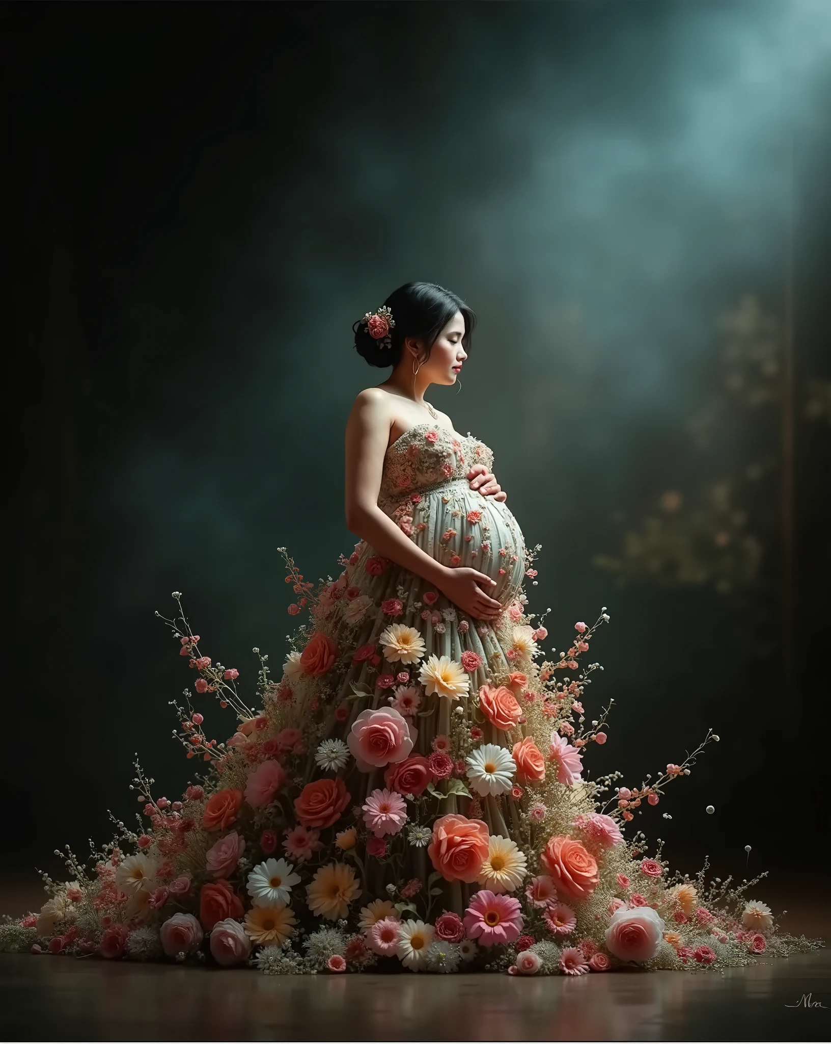pregnant woman in a pink gown posing for a picture in a floral frame, maternal photography 4 k, pregnancy, pregnant belly, full body portrait shot, full body photograph, wearing pink floral gown, full body photgraph, full body photogenic shot, pregnant, full body photoshoot, maternity feeling, full body pose, modeling photography, stunning elegant pose, full body wide shot