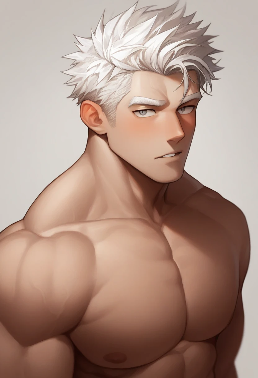 1boy, male focus, naked, frontpec, muscular male, super muscular, bara, torso body, solo, looking at the viewer, little short hair, messy hair, spikey hair, white hair, mostly straight backward hair, gray eyes, parted lips, white background, simple background, best quality, amazing quality, best aesthetic, absurdres, year 2023, Blush, Exicted, Closed Mouth, Open Eyes, long and very swollen penis, have a lots of white hair on his penis, his arm are very Muscular, the covered tip of his penis was pulled down