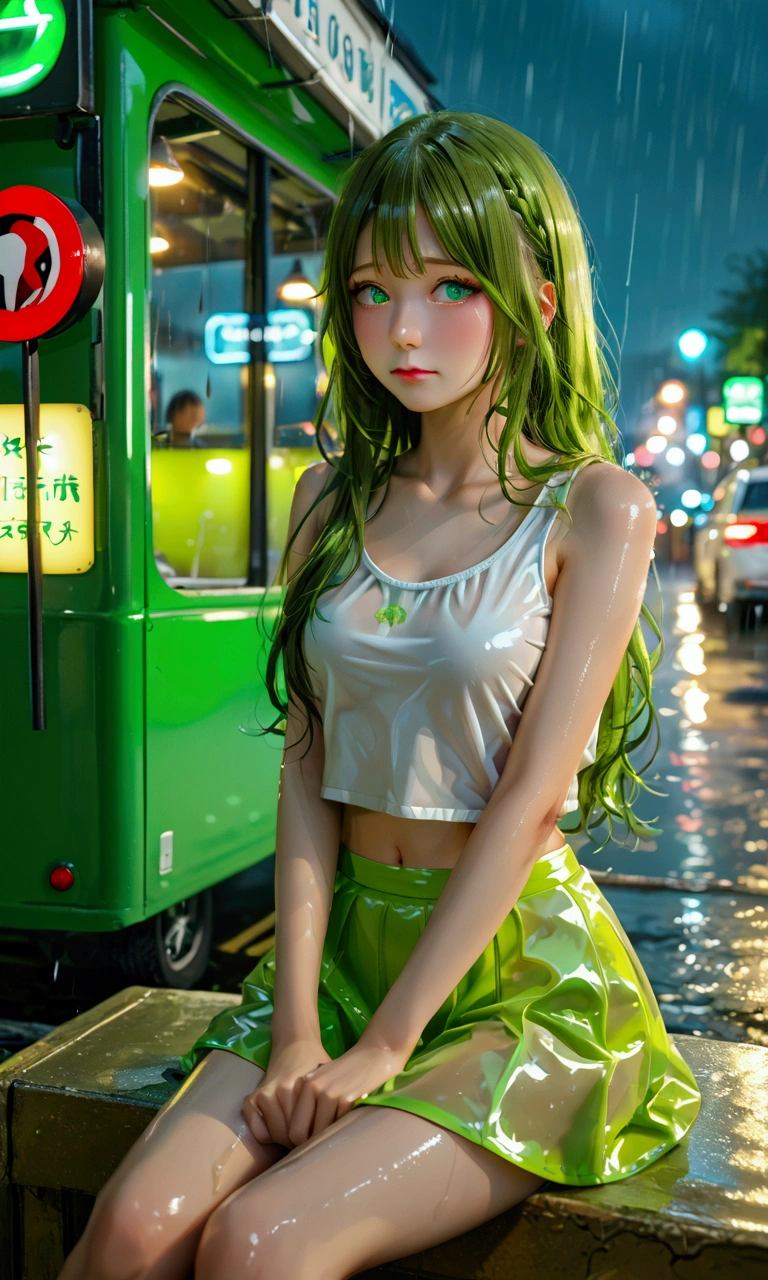 cute yuna (age 25, long hair green, tank top lime green, shiny mini skirt lime, neon green makeup, nervous) not very happy to be photographed, she is sitting alone in a lit covered bus stop on a dreary rainy night, Bangkok, reflections
