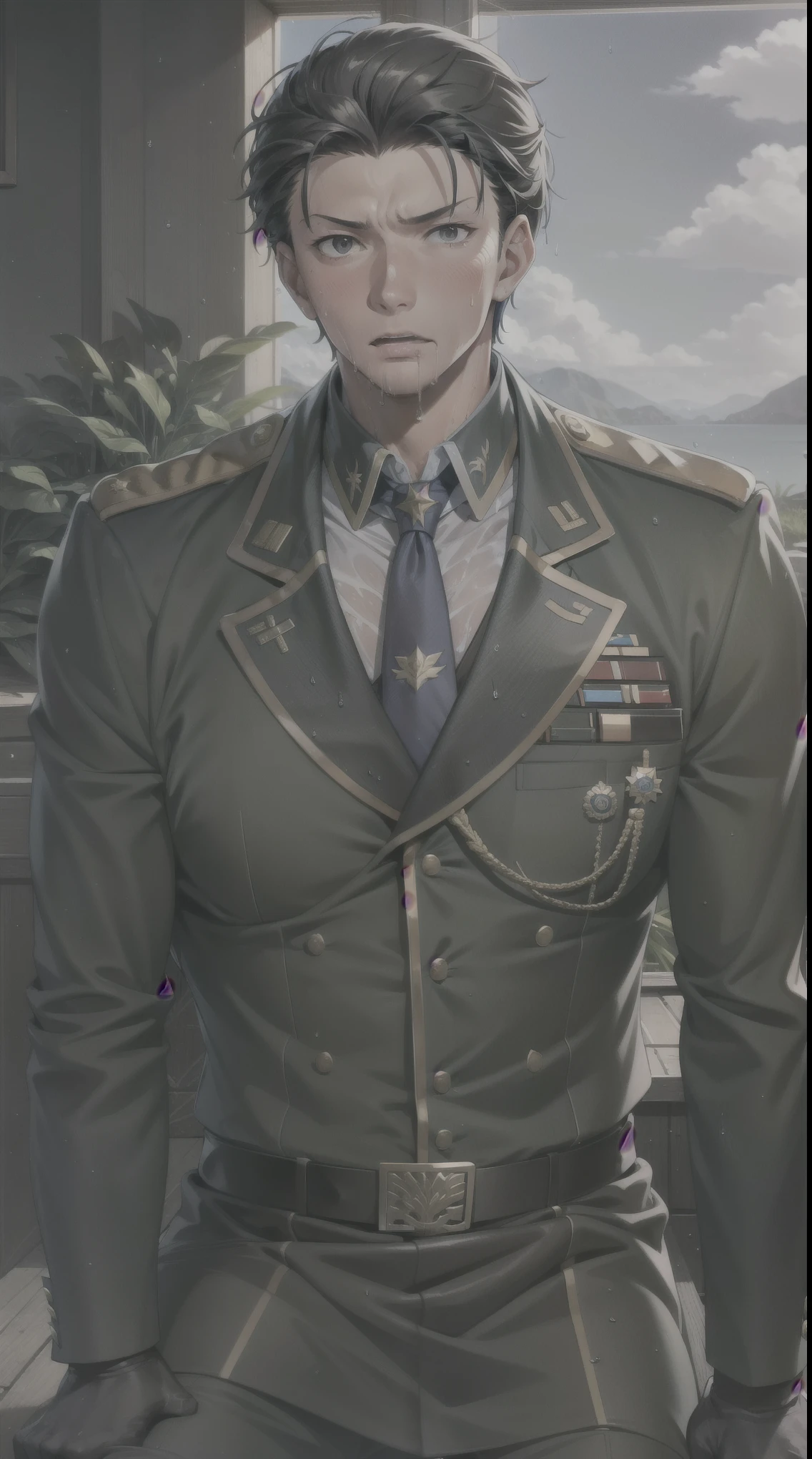 Hector Fay, Ultra high quality cg, solitary, Looking at the audience, Open your mouth, Sweating, Wet, Drooling, Gloves, 1 man, Upper Body, Male focus, tie，shirt， military uniform
