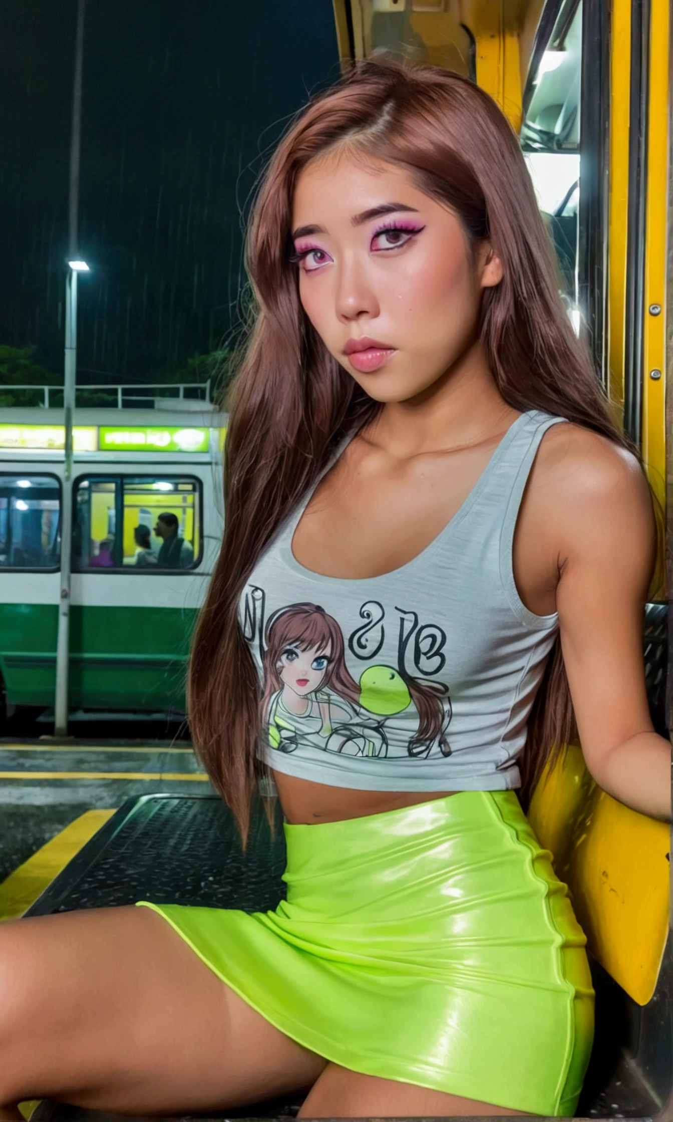 cute yuna (age 25, long hair green, tank top lime green, shiny mini skirt lime, neon green makeup, nervous) not very happy to be photographed, she is sitting alone in a lit covered bus stop on a dreary rainy night, Bangkok, reflections
